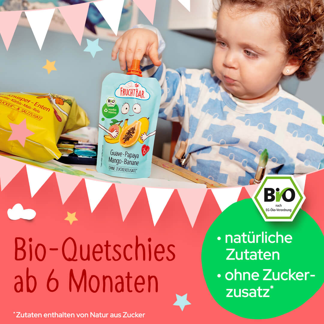 FruchtBar Quetschies - ab 6 Monaten Entdecke unsere vielen Quetschie-Sorten für Babys ab 6 Monaten.