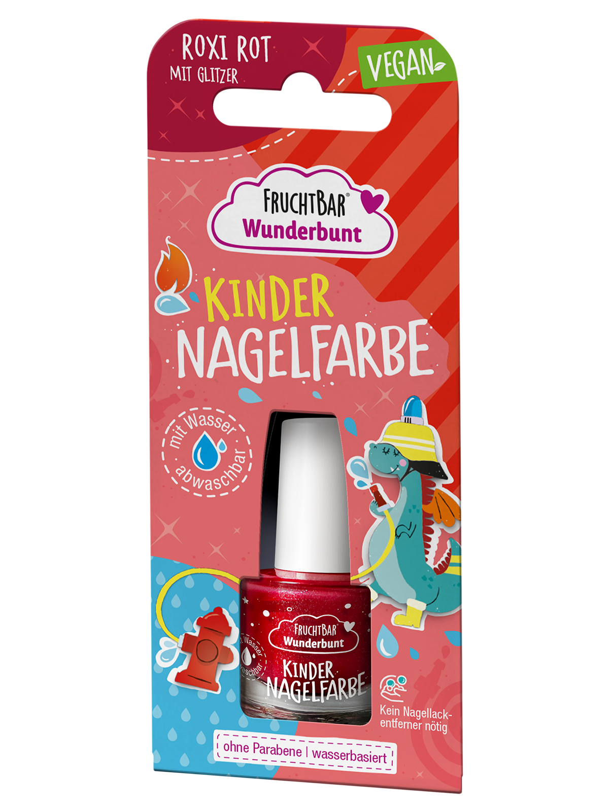 Vegane Nagelfarbe auf Wasserbasis in der Farbe Rot mit Glitzer, ab 3 Jahren geeignet.