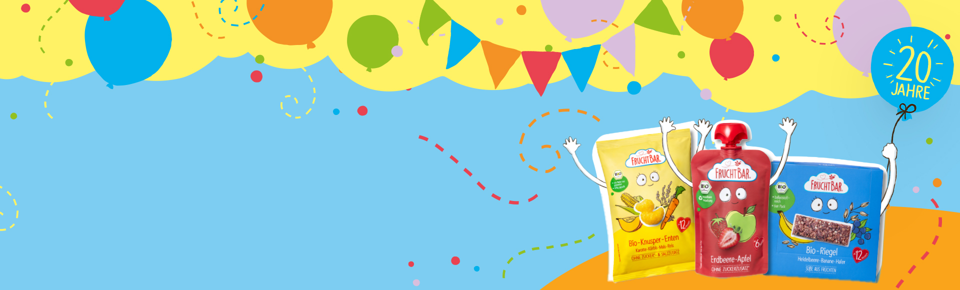 Jubiläums Banner: Luftballons, Wimpelkette und Partyhütchen
