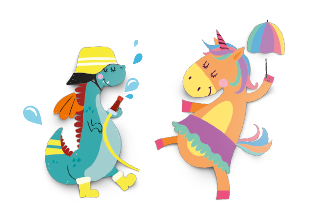 Fabelwesen: Drache und Einhorn tanzen