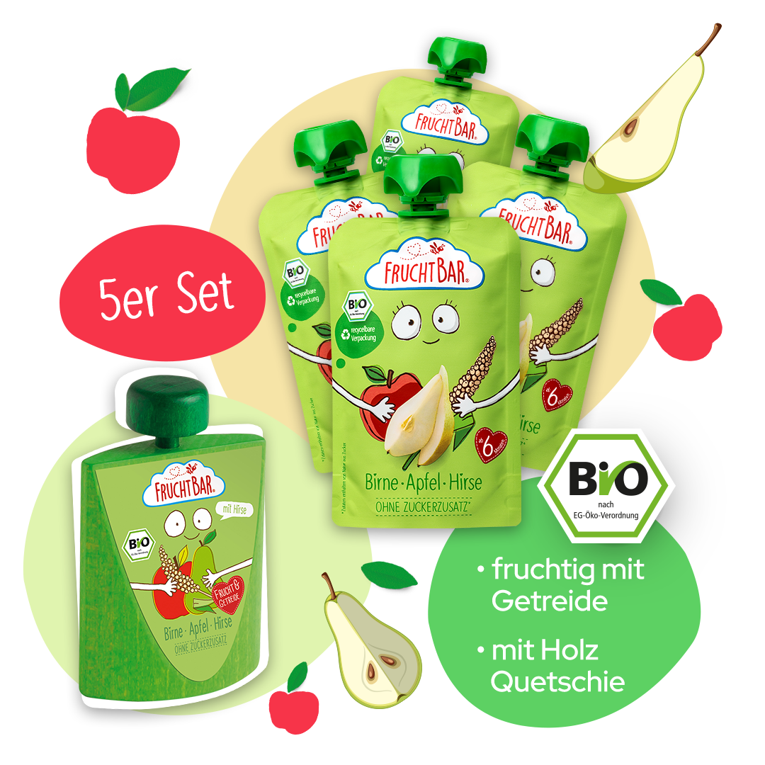 Bio Quetschie Birne Apfel Hirse mit Erzi Holzquetschie Bio Quetschie Birne Apfel Hirse mit Erzi Holzquetschie