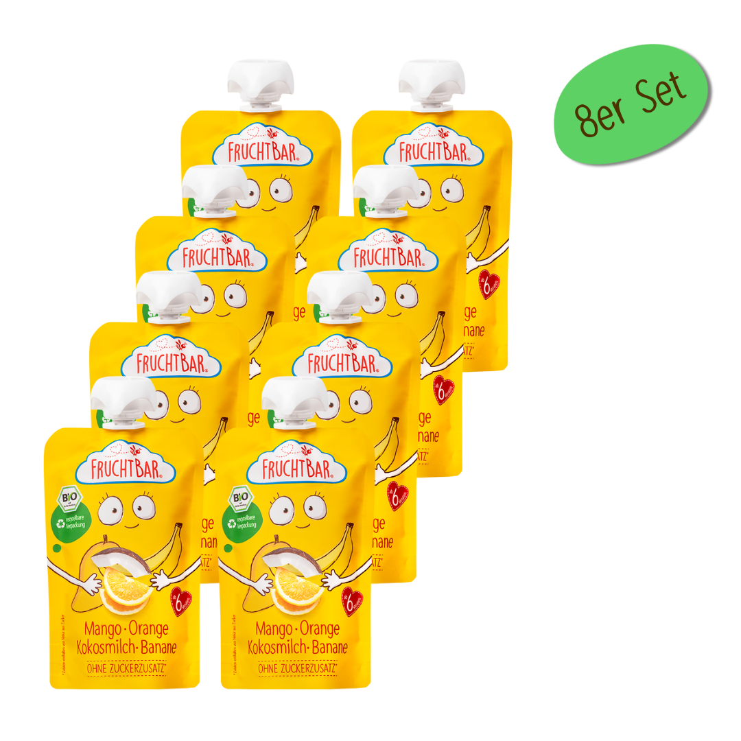 Bio Quetschie Mango, Orange, Kokosmilch, Banane Bio Quetschie Mango, Orange, Kokosmilch, Banane