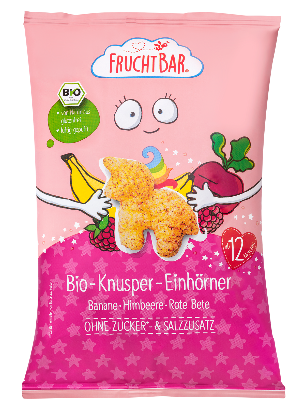 Bio-Knusper-Einhörner mit Banane, Himbeere und Rote Bete - ab 12 Monaten.