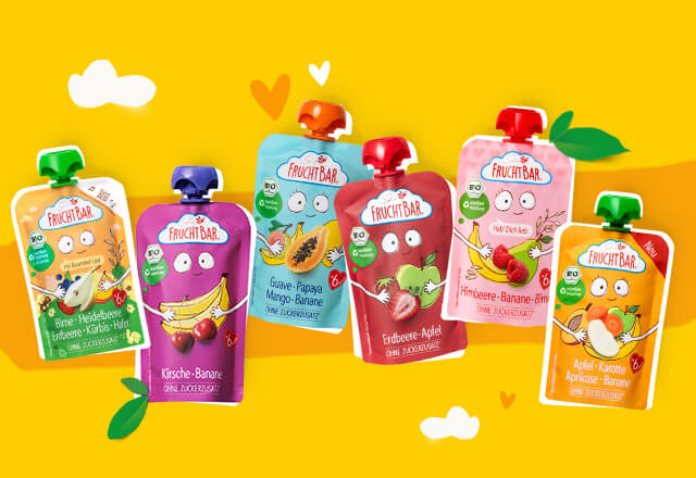 FruchtBar Quetschies auf gelbem Hintergrund