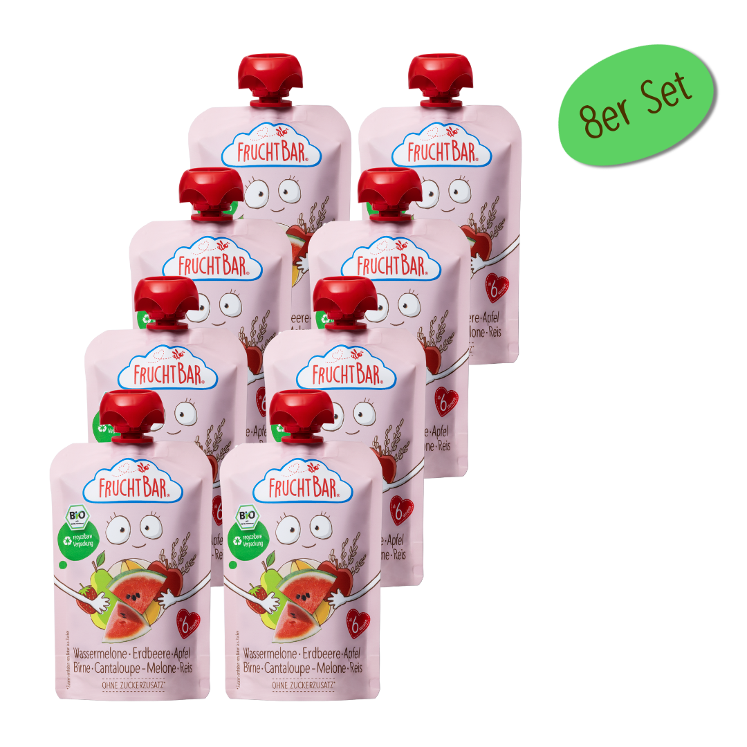 Bio Quetschie Wassermelone, Erdbeere, Apfel, Birne, Cantaloupe-Melone, Reis Bio Quetschie Wassermelone, Erdbeere, Apfel, Birne, Cantaloupe-Melone, Reis